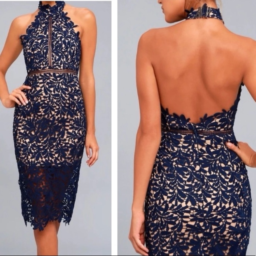 ❤️Lulus Divine Destiny Navy Blue Lace Midi Dress